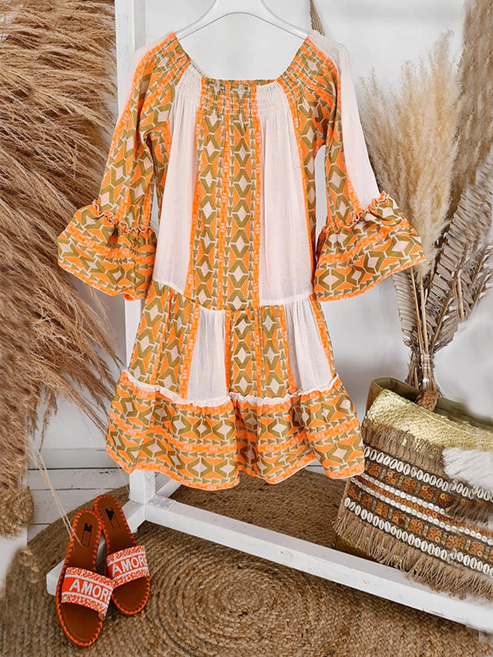 Ethnic Print Off Shoulder Loose Mini Dress