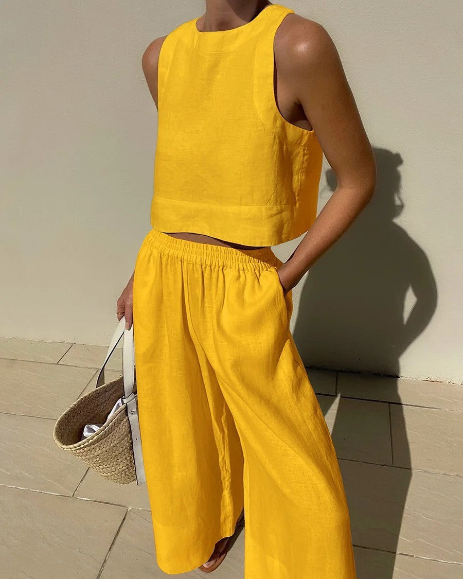 Amber - Sleeveless Linen Wide-Leg Set