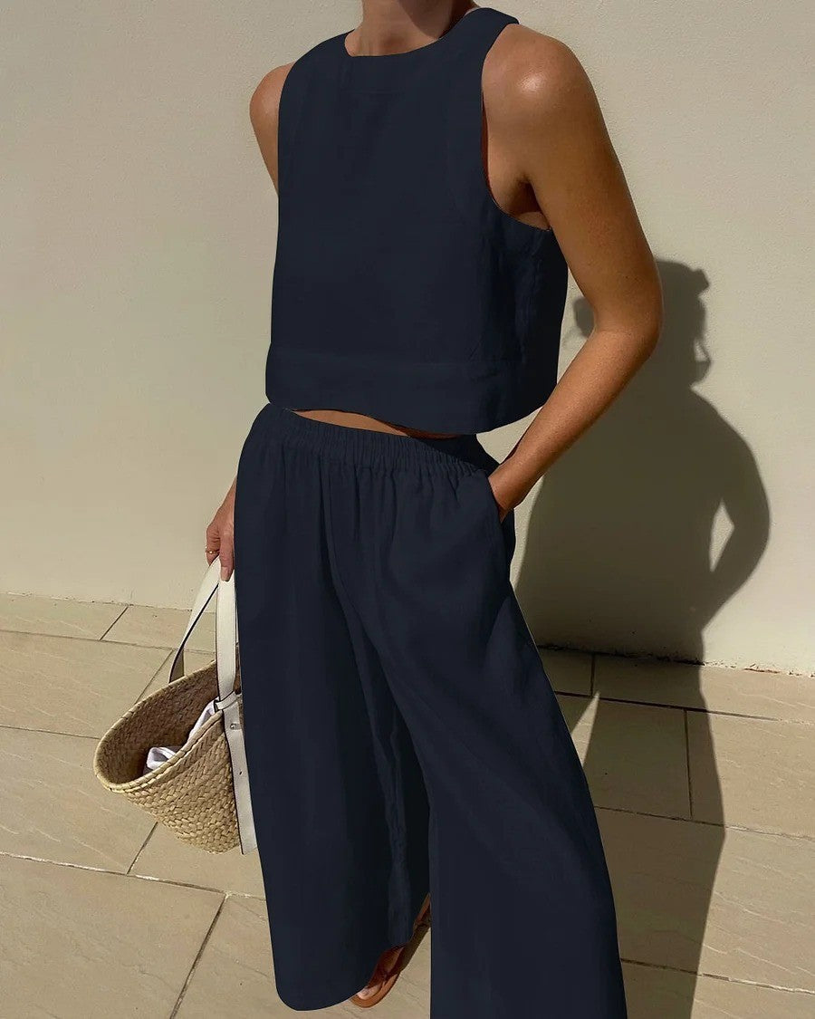Amber - Sleeveless Linen Wide-Leg Set