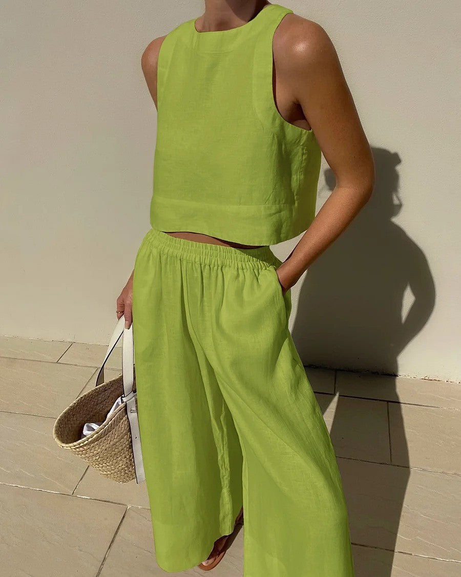 Amber - Sleeveless Linen Wide-Leg Set