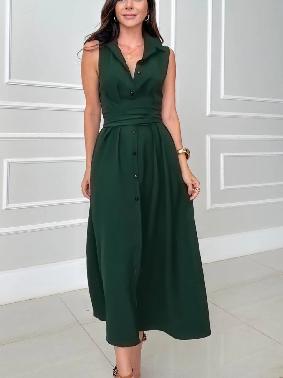 Unique Shirt Style Single-breasted Tie Midi Dress
