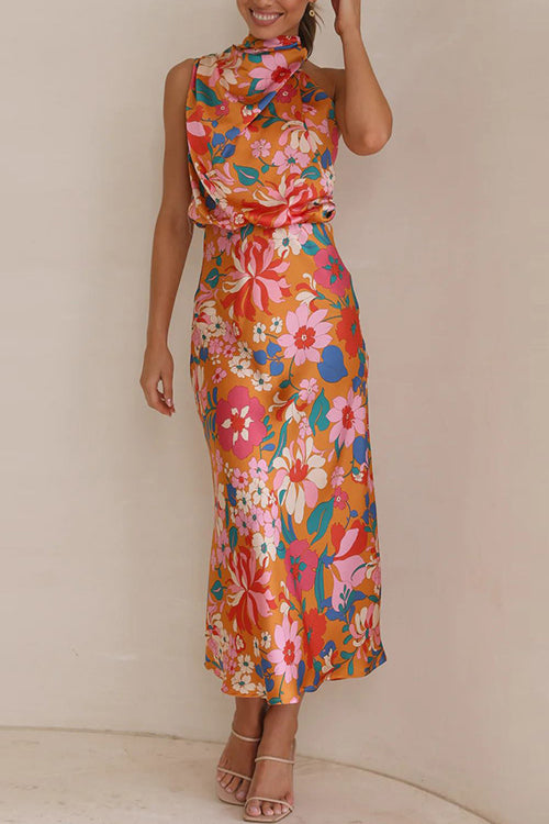 Poppy - Satin Floral Halter Midi Dress