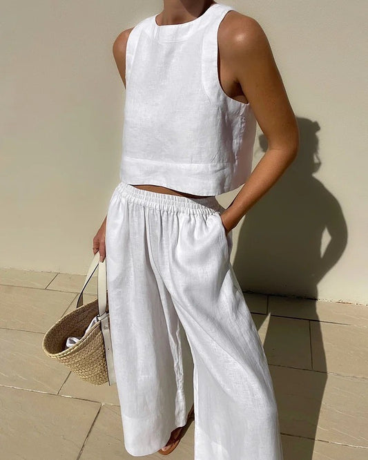 Amber - Sleeveless Linen Wide-Leg Set