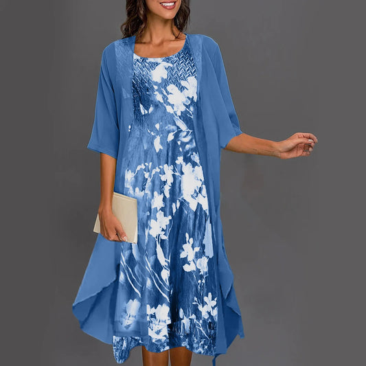 Aria - Elegant Floral Print Dress Two Piece Set